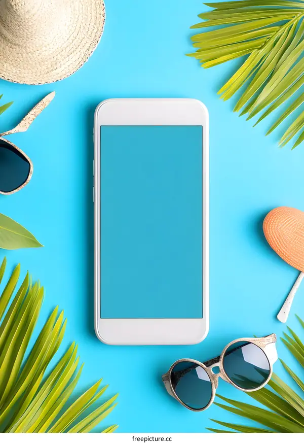 Summer Holiday Mockup with Smartphone, Sunglasses, Palm Leaves and Hat on Blue Background