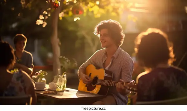Friends relaxing in the garden listening to a man playing the guitar