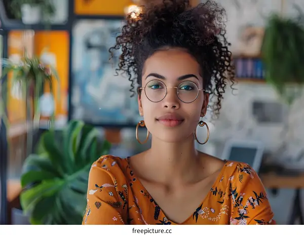 portrait of a young woman with curly hair wearing glasses and a floral shirt