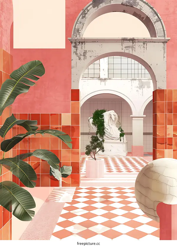 Pink and White Tiled Courtyard with Archway and Statue