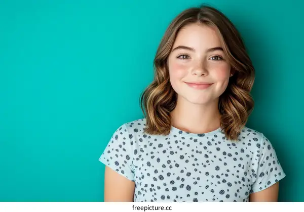 Portrait of a Smiling Girl Against Teal Background