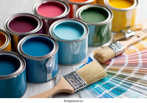 Assortment of Paint Cans and Color Palette