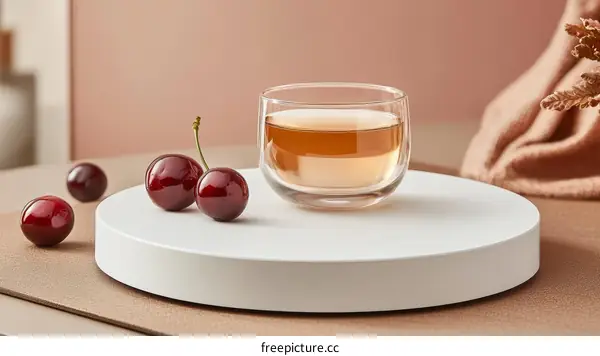 Elegant Glass Cup with Cherries on White Turntable