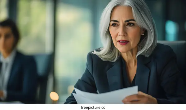 Serious Businesswoman Reviews Documents During Meeting