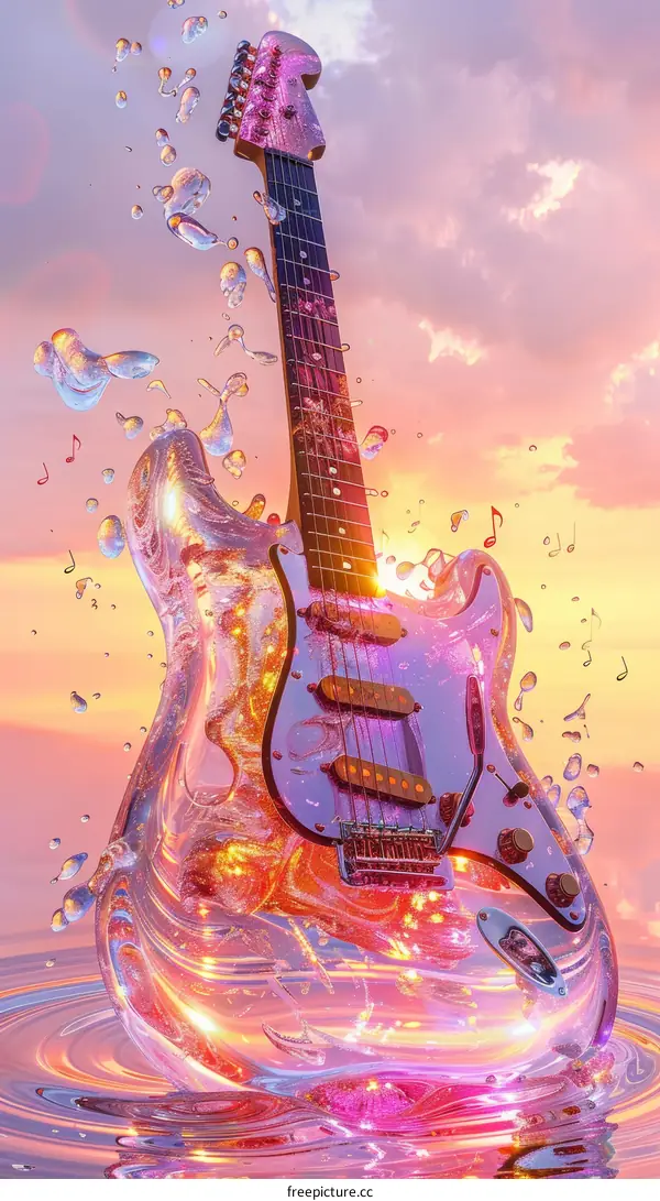 A pink and blue electric guitar made of water with musical notes floating around it