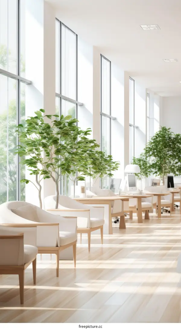 Bright and Airy Office Space with Plants and Large Windows