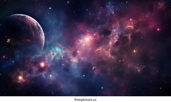 Interstellar space travel through a pink and purple nebula with a planet in the foreground