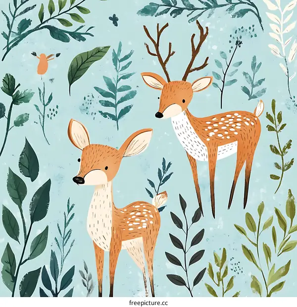 Cute Deer Illustration with Green Leaves Background