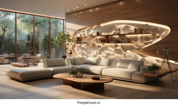 Modern Living Room Interior 3D Rendering with Large Sofa, Coffee Table, and Plants