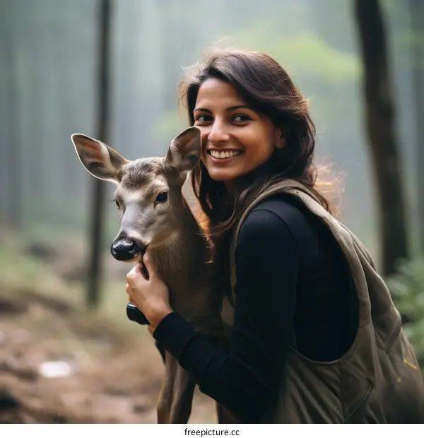 Smiling woman hugging a deer in the woods