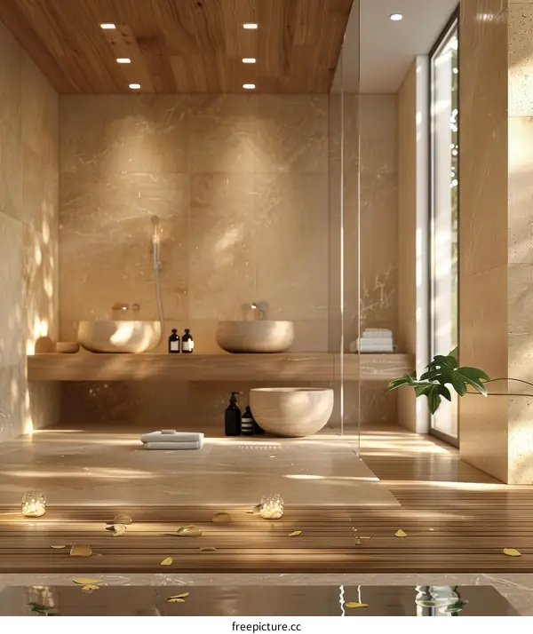 Modern Spa Bathroom with Warm Wooden Accents