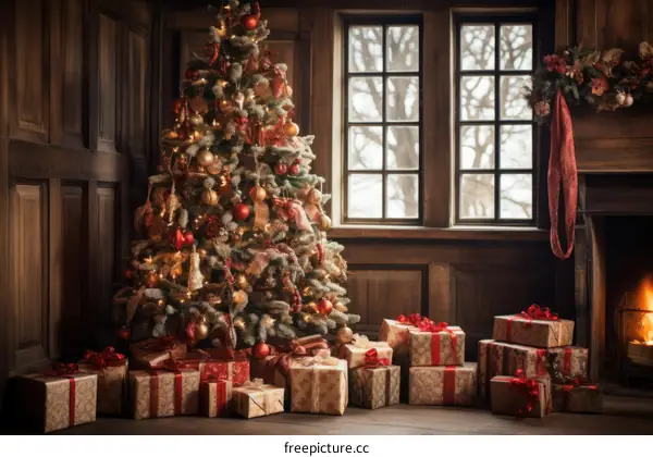A beautifully decorated Christmas tree stands in a living room. There are presents under the tree and a wreath on the wall.