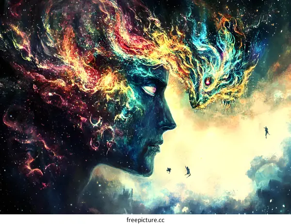 Abstract Painting of a Woman with Flames and Stars