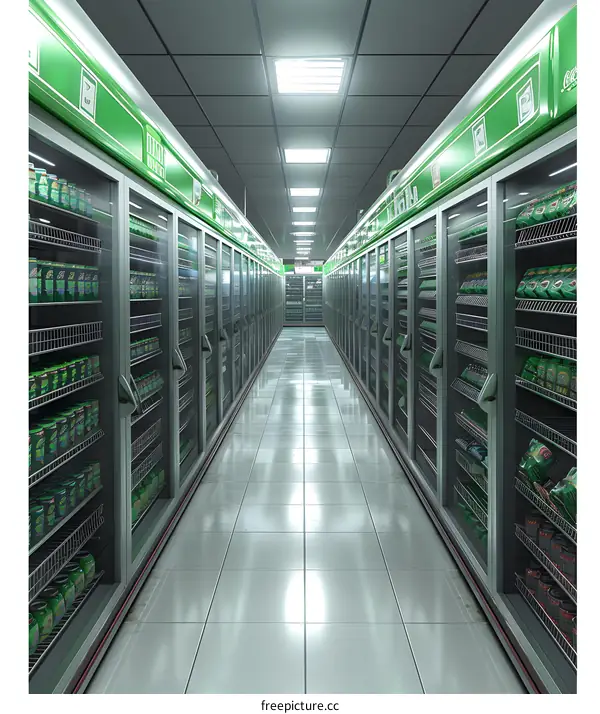 Empty Supermarket Aisle with Refrigerated Shelves