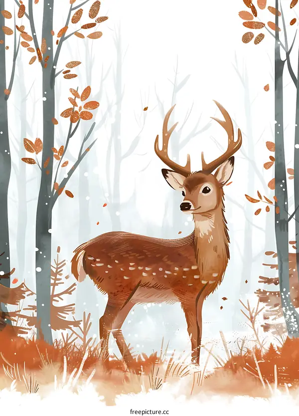 Cute Deer in Winter Forest Illustration