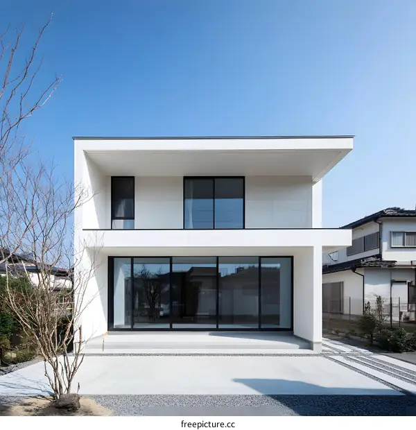 Modern White House with Large Windows and Minimalist Design
