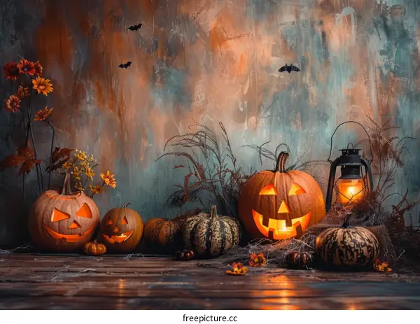 Spooky Halloween pumpkins with cobwebs and bats