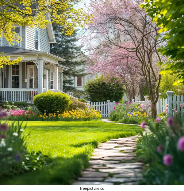 A beautiful suburban house with a blooming garden