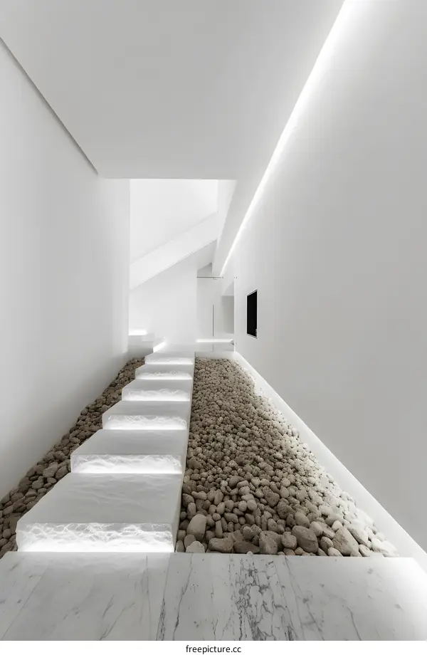 Modern Minimalist White Interior Design With Stone Pathway