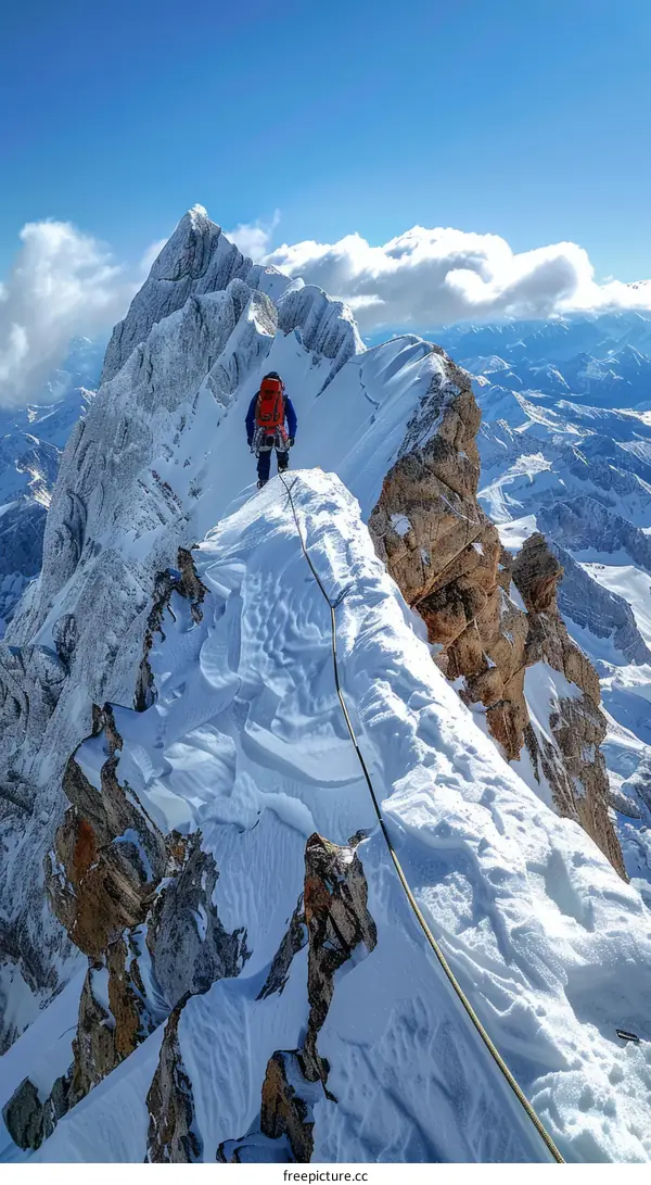 Mountaineer on a snowy mountain ridge