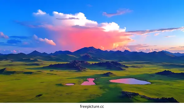 Majestic Mountain Range at Sunset Over a Lush Meadow
