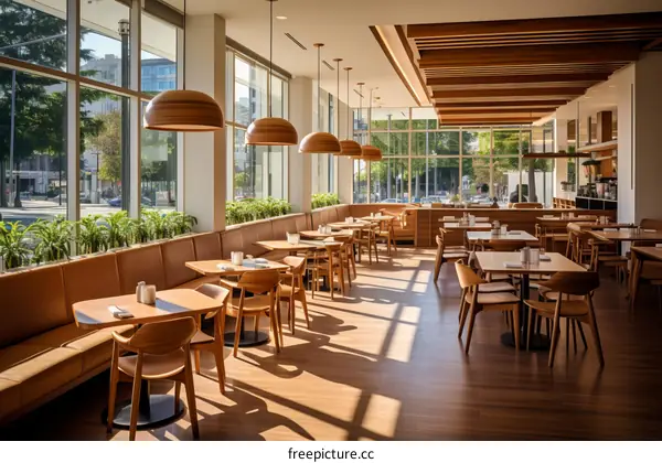 Modern restaurant interior with large windows and wooden furniture