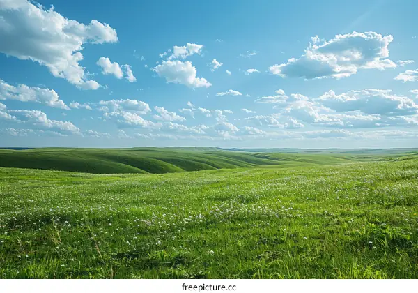 Vast Green Rolling Hills Under a Blue Sky with Clouds