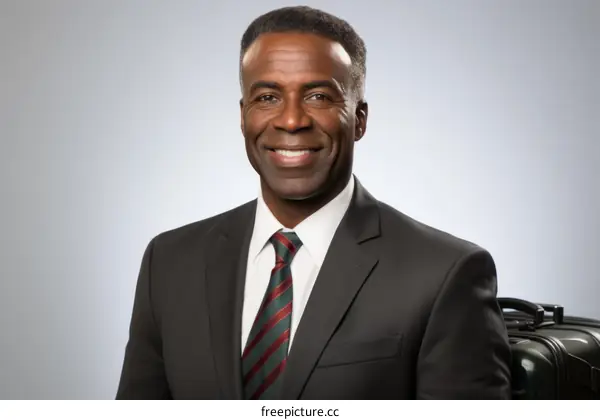 Black businessman with luggage smiling