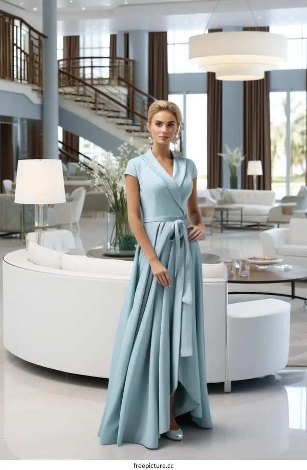 Elegant woman in blue dress posing in modern interior