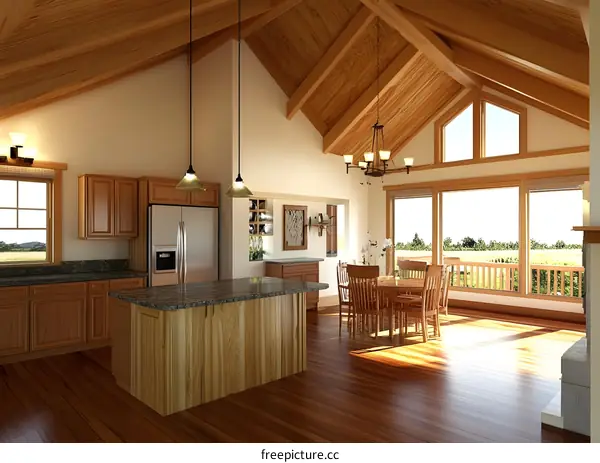 Modern Kitchen and Dining Room Design with Wooden Beams and Large Windows