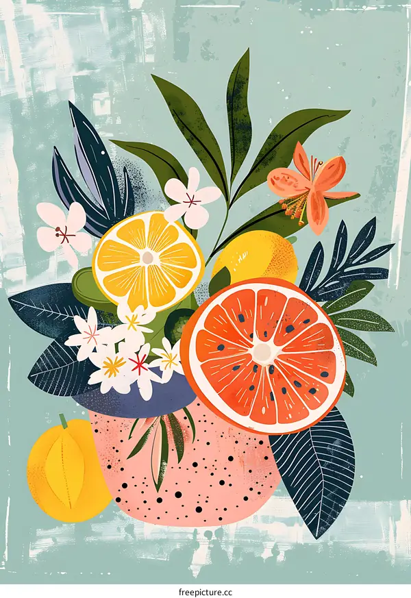 Citrus Fruit Illustration with Floral Elements