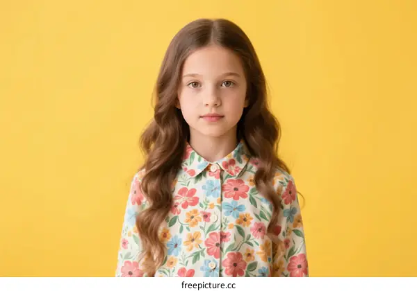 A Young Girl Wearing a Floral Shirt Against Yellow Background