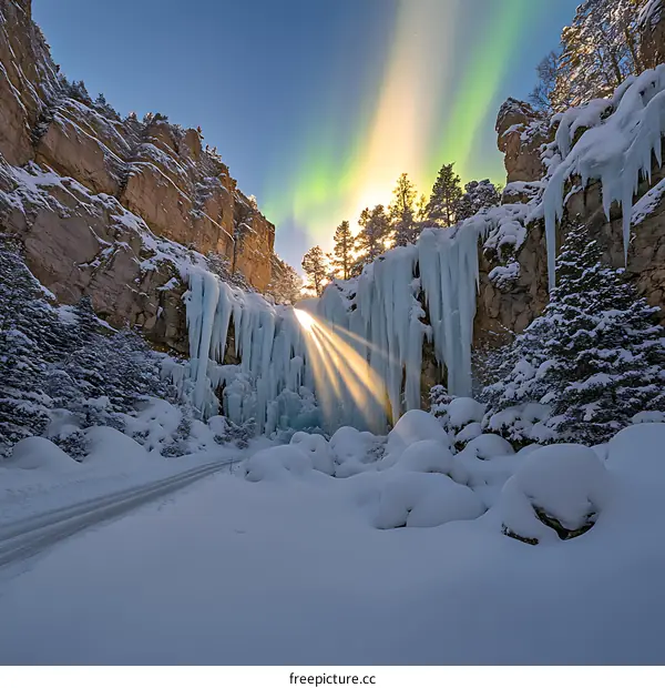 Frozen Waterfall With Sun Rays In A Canyon