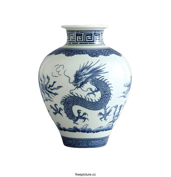 [Transparent Background PNG]Blue and White Porcelain Vase with Dragon Design
