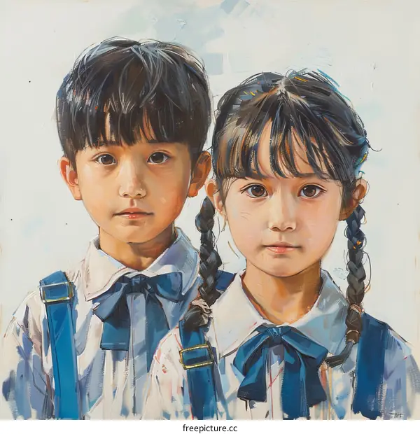 Portrait Painting of Two Asian Children in School Uniforms