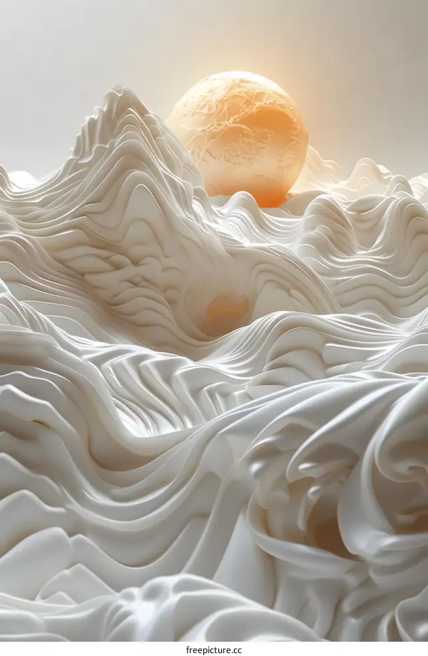 Abstract Yellow Sphere on White Wavy Surface