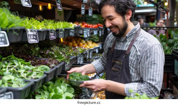 Hispanic man holding a bowl of broccoli at a farmers market