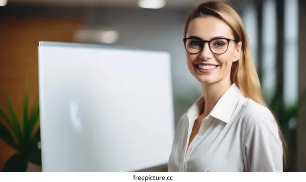 portrait of a young businesswoman smiling in front of a whiteboard
