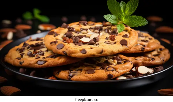 A plate full of chocolate chip cookies