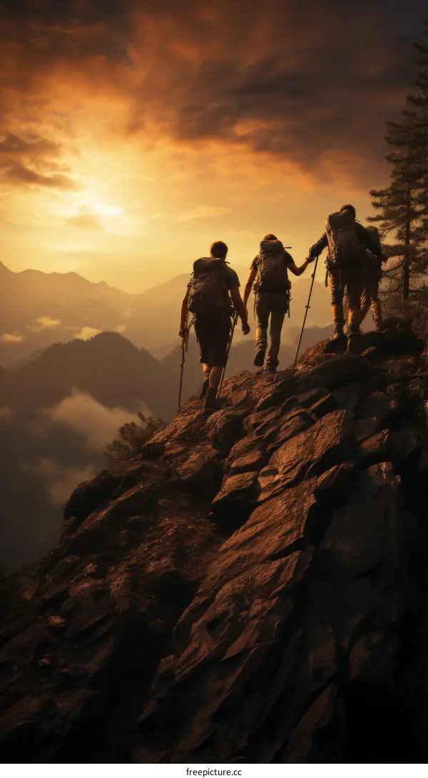 Three hikers on a mountaintop at sunset