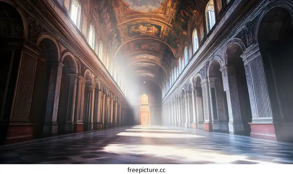 Sunlight Streaming Through the Columns of a Grand Hallway