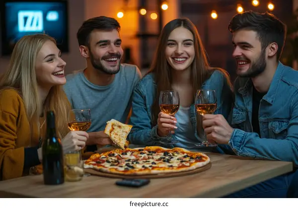 Friends enjoying pizza and wine at home
