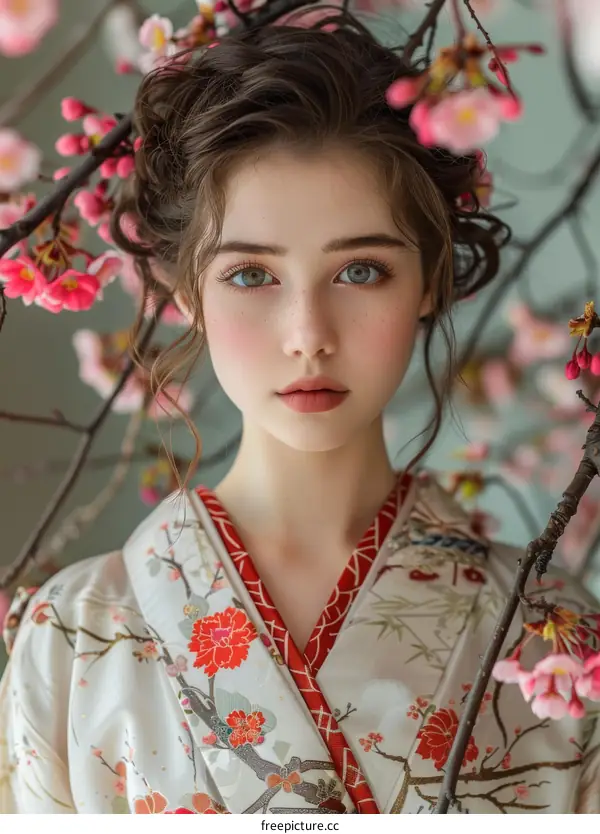 Beautiful Woman in Traditional Japanese Kimono Posing with Cherry Blossoms