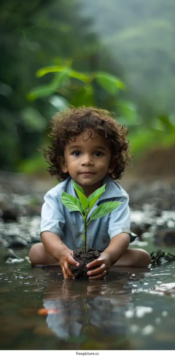 Little boy planting a tree in the middle of a river