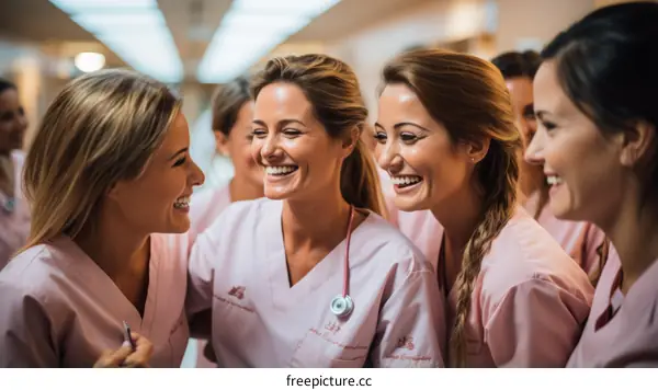 A group of female nurses are laughing and smiling in a hospital hallway