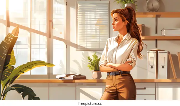 businesswoman standing in office looking out window
