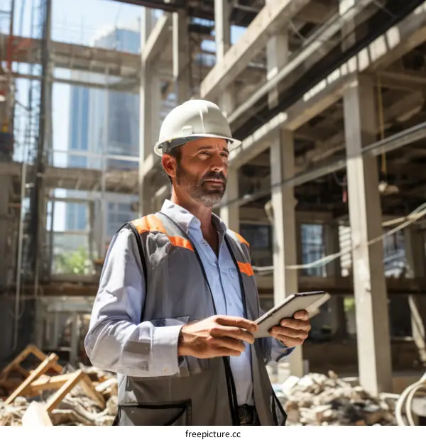 Construction worker wearing hardhat and safety vest while using tablet at building site