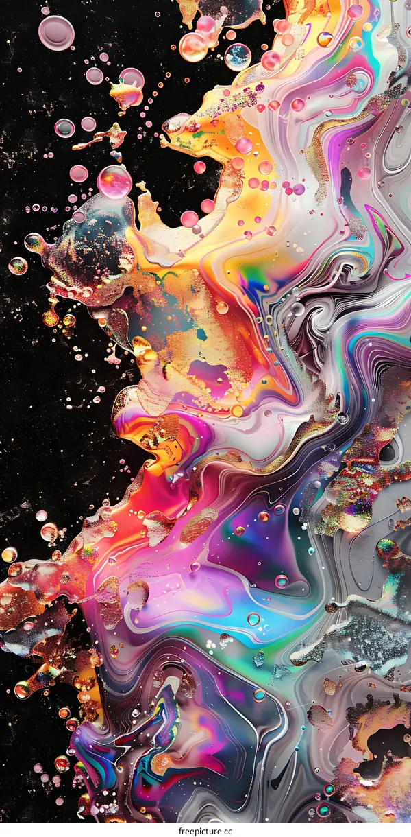 Abstract Swirling Colors with Gold Glitter and Bubbles on Black Background