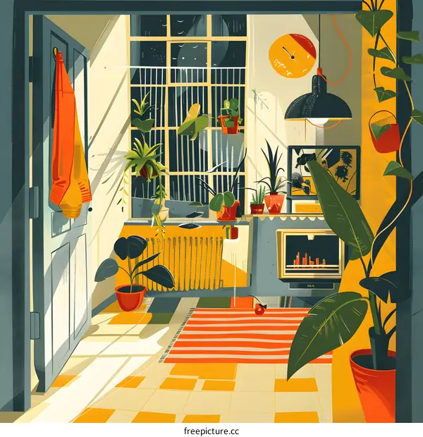Sunny Indoor Room with Plants and a Striped Rug