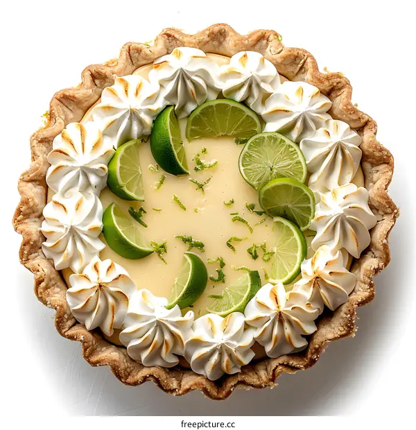 A delicious key lime pie with a graham cracker crust and fluffy meringue topping